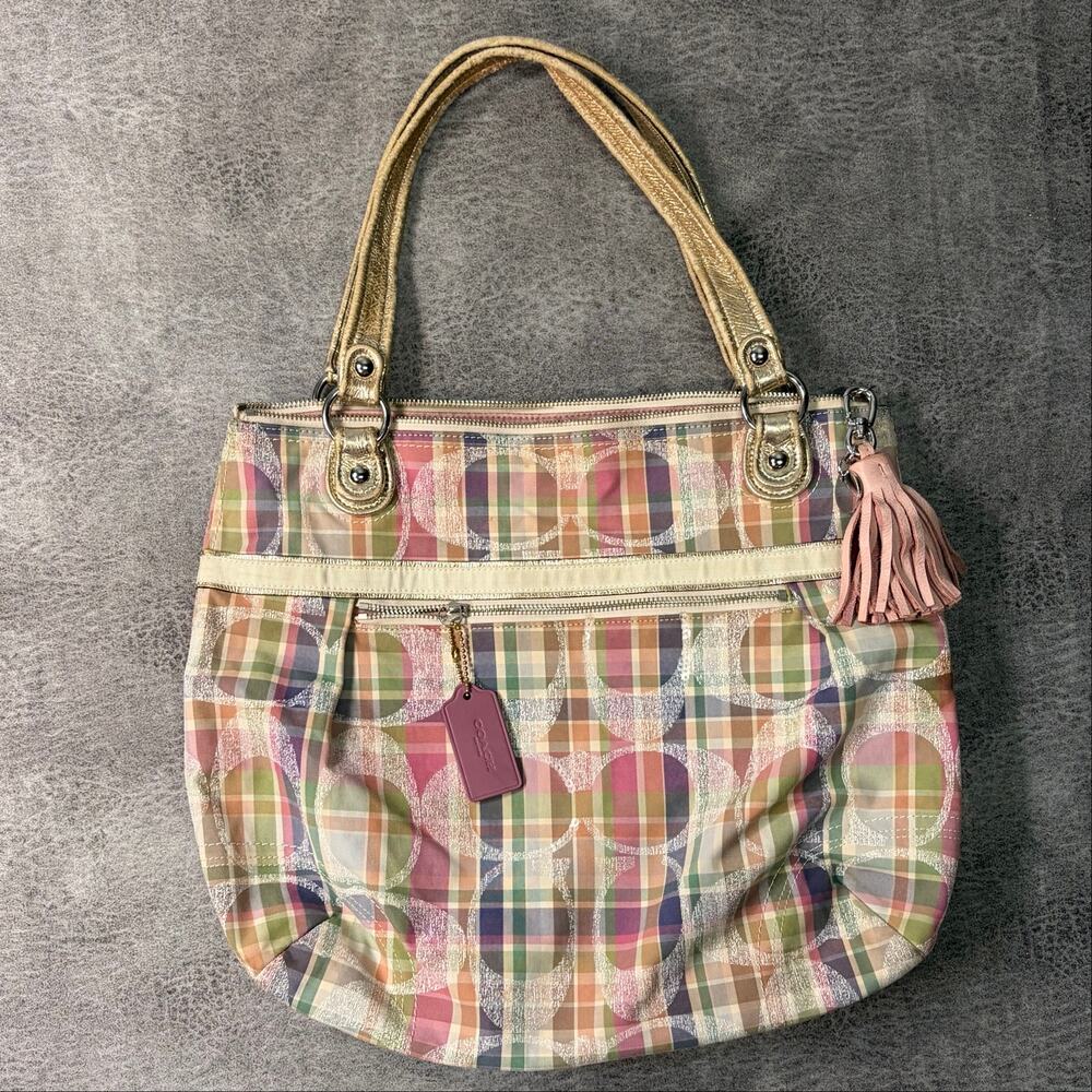 Coach Poppy Madras Signature Sequin Shoulder Tote Bag
